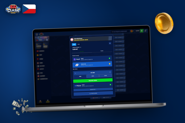 Pokladna Bigclash Casino zobrazená na notebooku i mobilu s částkou v korunách